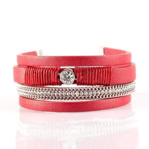Red leather and rhinestone wrap bracelet
